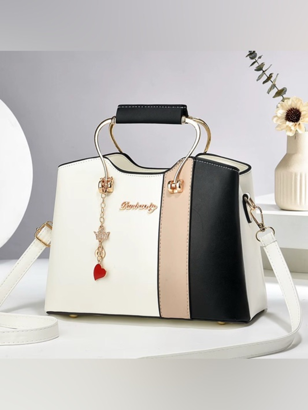 Women's Tricolor Top-Handle Satchel - White/Black/Beige
